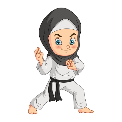 Vector Illustration of Cartoon muslim girl doing practicing karate